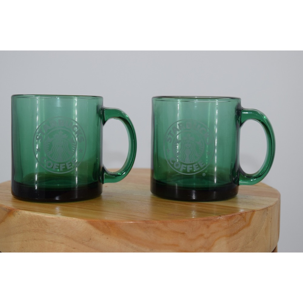 Vintage Starbucks Coffee Mug Set of 2‎ Green Glass Logo USA Made Collectible